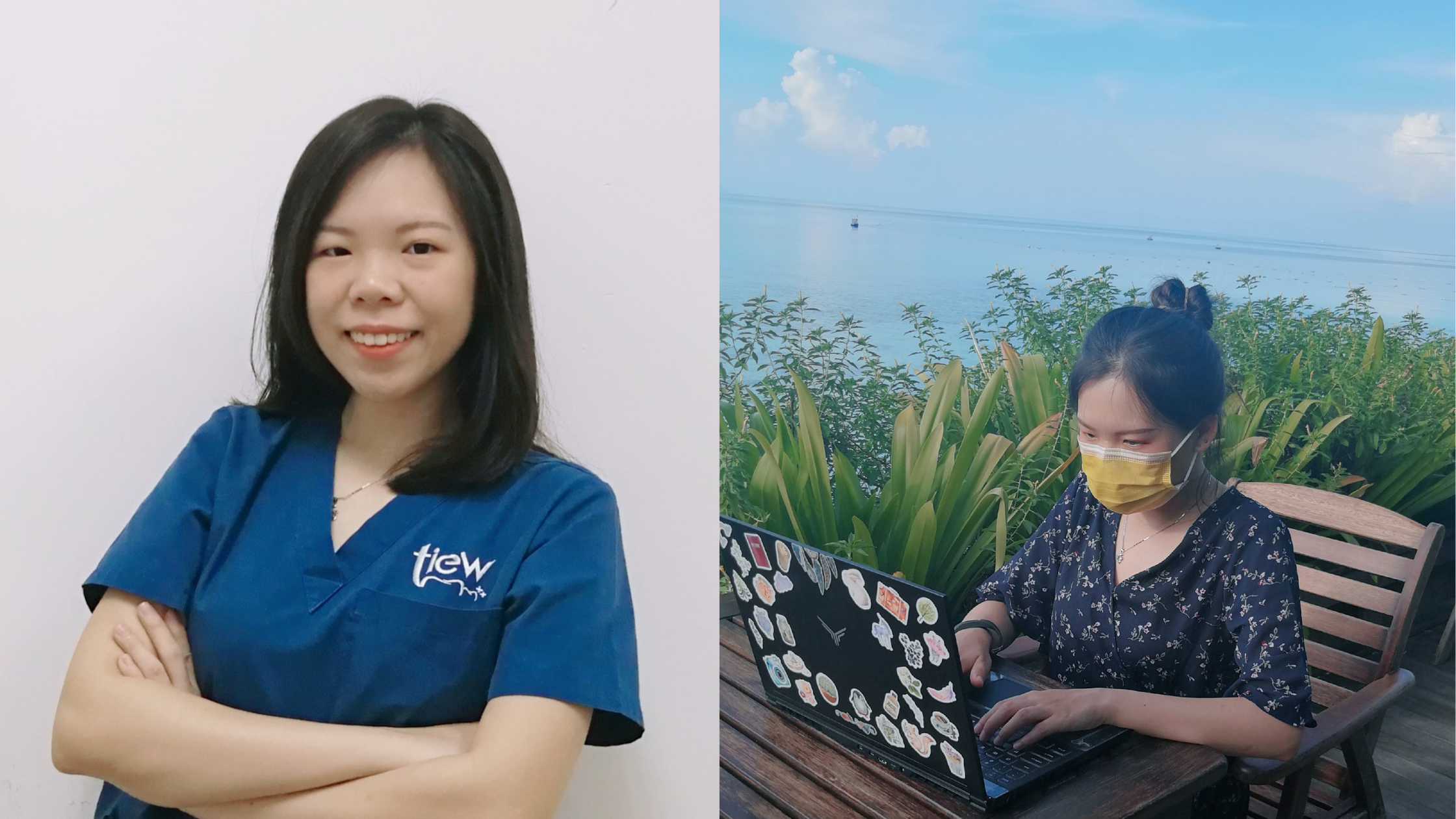 Isabelle Ting in her dental scrubs, and working on design projects on her laptop outdoors