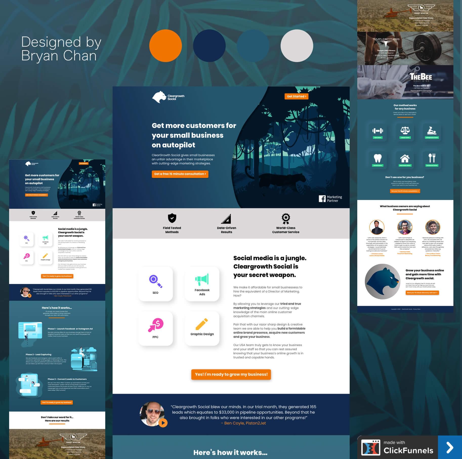 Sales funnel page designs created by Bryan Chan for his Cleargrowth Social brand