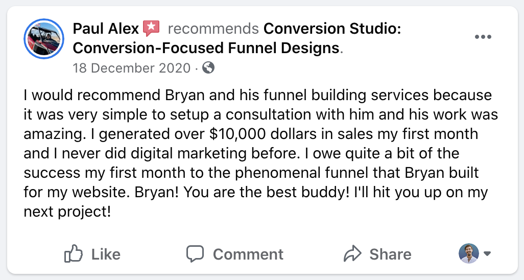 A Facebook recommendation from a client praising Bryan Chan's funnel design work