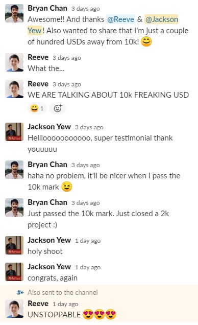 A team chat celebrating Bryan Chan passing USD 10,000 in sales